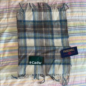 Tweedmill Cadw Plaid Pure Lambswool Scarf Made in Wales‎ Blue Brown Cream Fringe